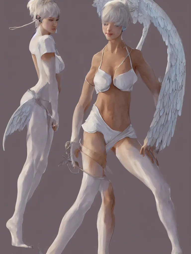 Prompt: a human angel bisexual , white tights, white short hair, character concept art, light gray-blue skin, golden earrings, trending on ArtStation.