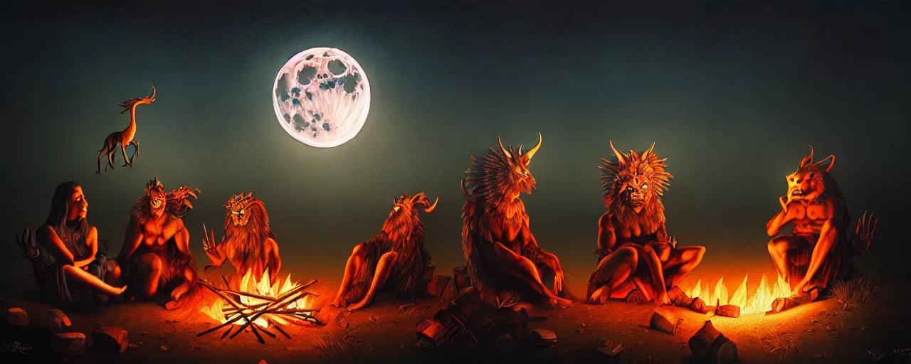 Image similar to strange mythical beasts of sitting around a fire under a full moon, surreal dark uncanny painting by ronny khalil