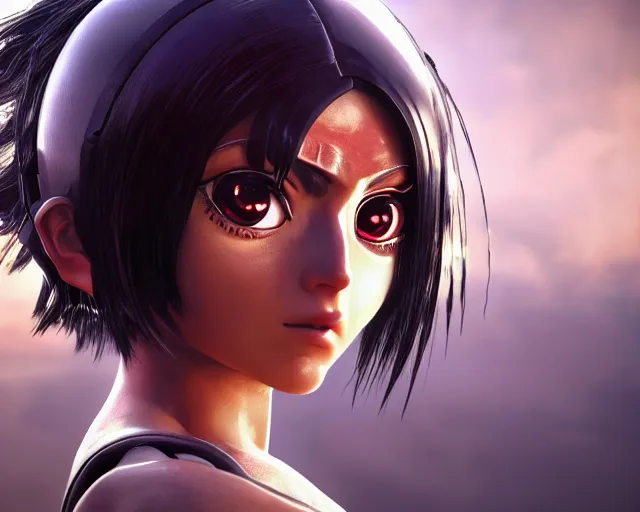 Image similar to a beautiful close - up of battle angel alita, photorealistic, lifelike portrait, octane engine, cinematic lighting, high detail, high resolution