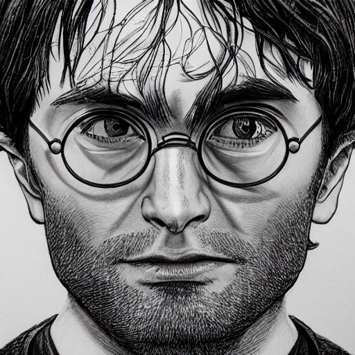 Prompt: a close up portrait of harry potter, art station, highly detailed, concept art, sharp focus, illustration in pen and ink, wide angle, by Kentaro Miura
