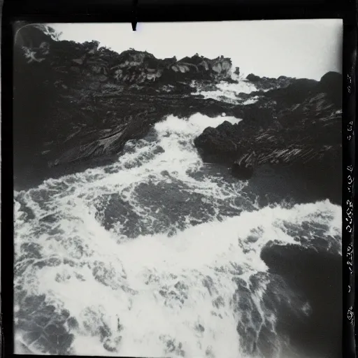 Image similar to a deep dark caldera with rushing water at the bottom, creepy, eerie, unsettling, terrifying, jagged rocks, dark, old polaroid, expired film,