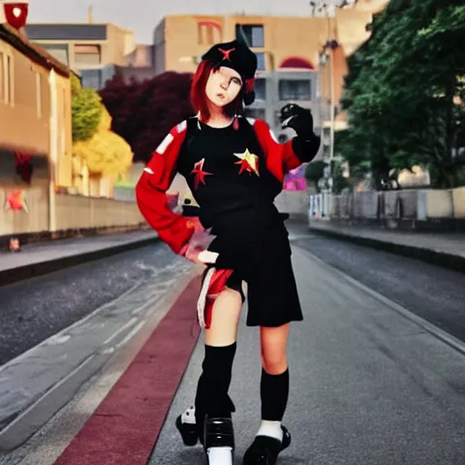 Image similar to 1 5 - year - old french anime girl, black beret with red star, black t - shirt with red star, black shorts, rollerblading, rollerskates, four humanoid bears, 2 0 0 1 anime, flcl, jet set radio future, golden hour, japanese town, cel - shaded, strong shadows, vivid hues, y 2 k aesthetic