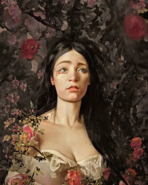 Image similar to a beautiful and eerie baroque painting of a beautiful but serious woman in layers of fear, with haunted eyes and dark hair piled on her head, 1 9 7 0 s, seventies, floral wallpaper, wilted flowers, a little blood, morning light showing injuries, delicate embellishments, painterly, offset printing technique, by brom, robert henri, walter popp