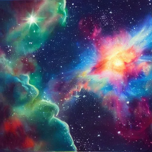 Image similar to a beautiful painting of a cargo ship in space near a nebula