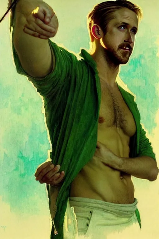 Image similar to Ryan Gosling wearing green clothes, muscular, fantasy, painting by greg rutkowski and alphonse mucha