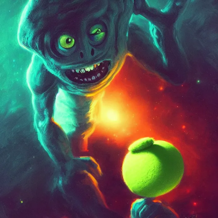 Image similar to cinematic portrait of a cute tennis ball monster in the abyss of space, chalk, masterpiece, trending on artstation, featured on pixiv, cinematic composition, dramatic pose, beautiful lighting, sharp details, hyper - detailed, hd, hdr, 4 k, 8 k, art by basil gogos