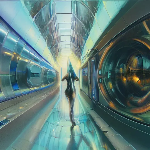 Image similar to detailed face of a cyborg, large hadron collider, dimensional portal, teleportation, wet reflections, prism, atmospheric, ambient, pj crook, syd mead, livia prima, artgerm, greg rutkowski, nick alm, casey baugh