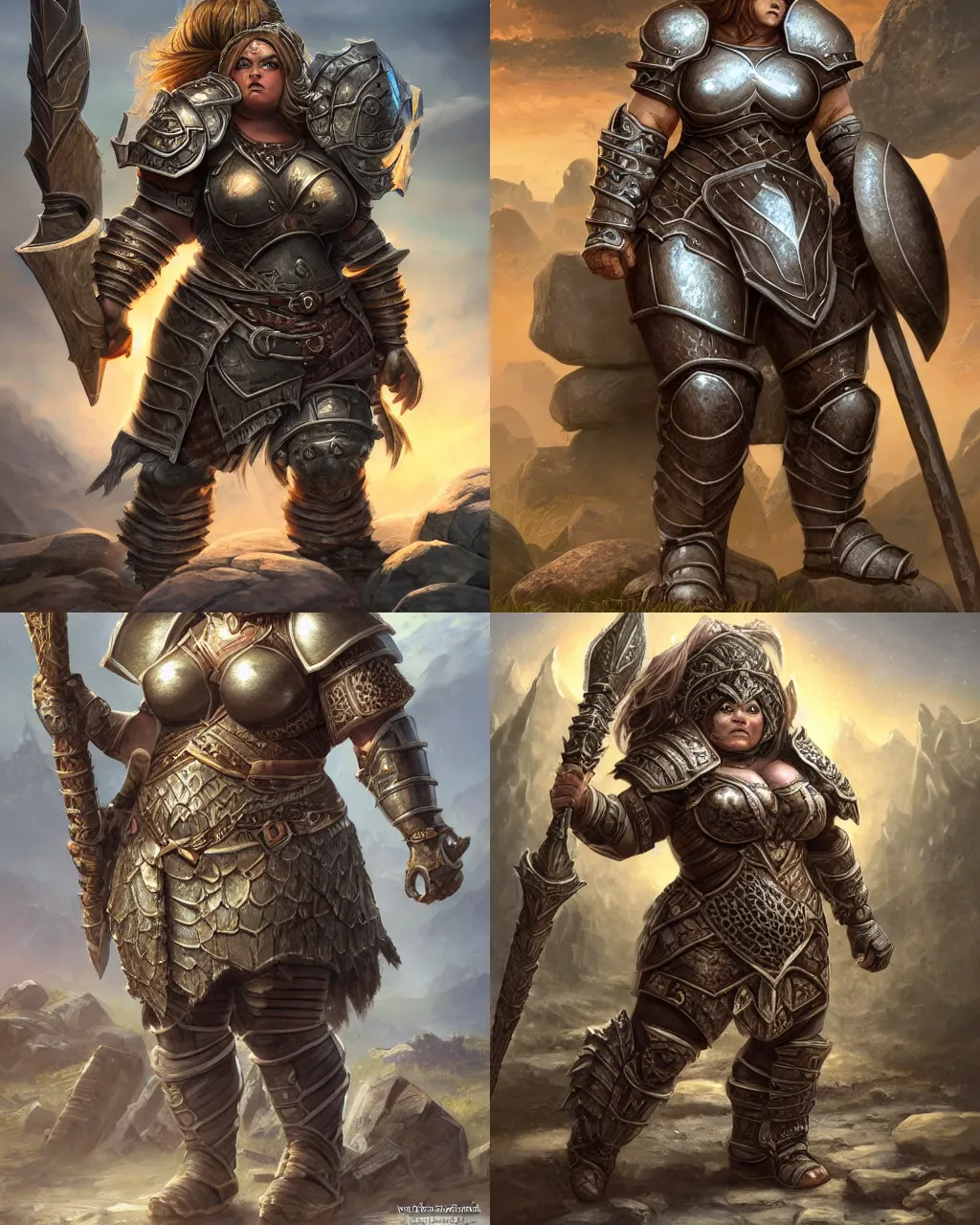 Prompt: a big female dwarven warrior wearing heavy plate armor, strong robust chubby body, at the stone ruins, rpg artwork, hyperdetailed, hyperrealistic, soft light, imposing presence, jeff easley and scott m fischer, artstation, intricate metal