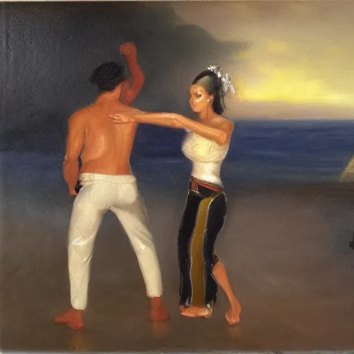 Prompt: A Colombian woman and a Caucasian man dance on a misty pier at midnight, sensual, romantic, oil painting