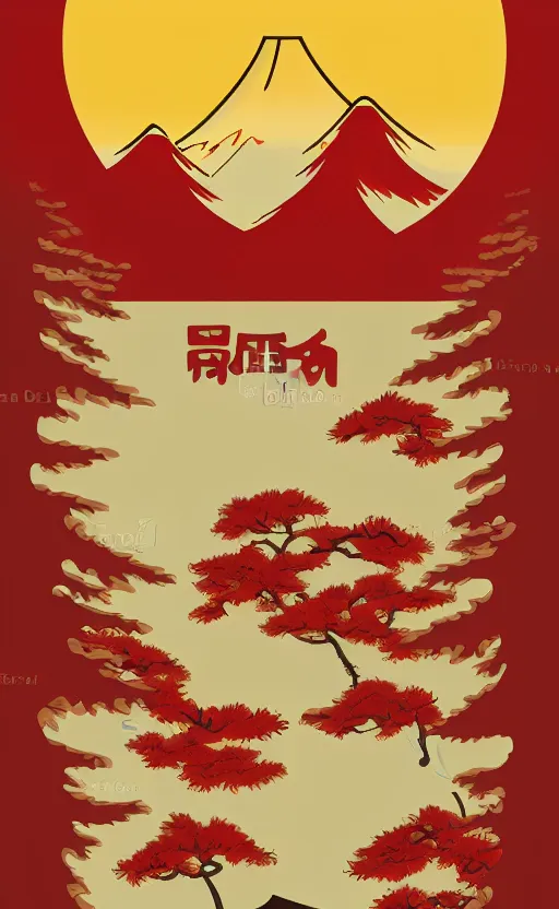 Image similar to hanafuda, a big red charm is floating above a forest of japanese pines, a big red sun in the background, original style, front game card, vector line art, trending on behance, concept art, stunning, matte