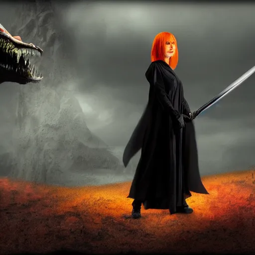 Prompt: orange haired woman standing in a black robe, sword in one hand facing away and looking at a monster, in matte painting style