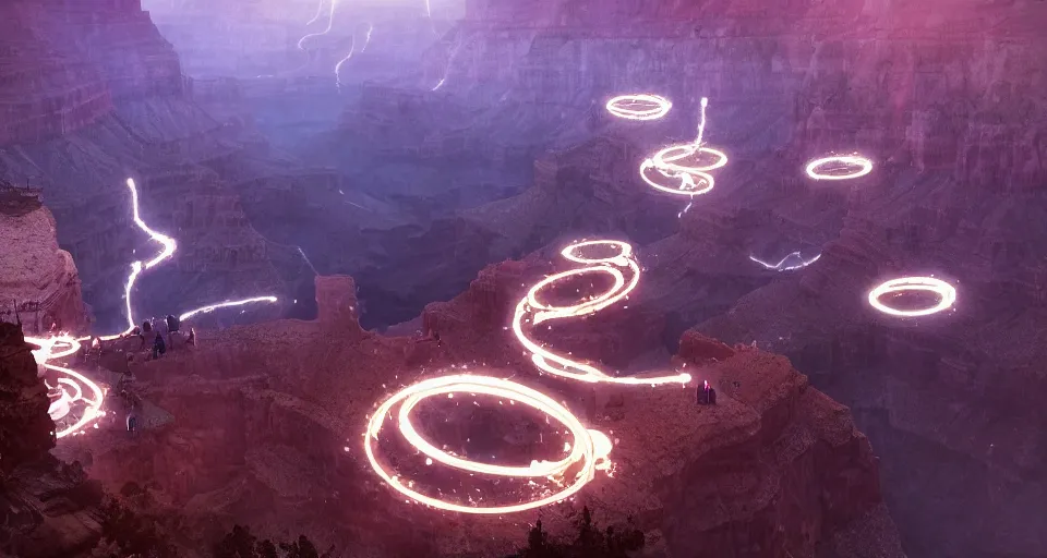 Image similar to night, a lot of people and a spiral - shaped white luminous attractor is floating in grand canyon, concept art, art for the game, professional lighting, art