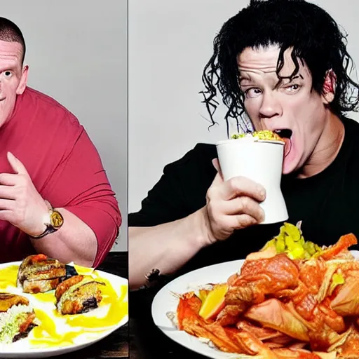 Image similar to obese john cena and michael jackson eating mukbang