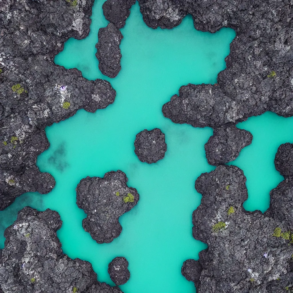 Image similar to birds eye view hexagonal basalt, bright blue pools of water with swirling seafoam, patches of green fields, black volcanic rock, icy glaciers,