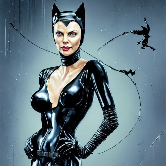 Image similar to portrait of charlize theron as a catwoman. batman 1 9 8 9. intricate abstract. intricate artwork. by tooth wu, wlop, beeple, dan mumford. octane render, trending on artstation, greg rutkowski very coherent symmetrical artwork. cinematic, hyper realism, high detail, octane render, 8 k, iridescent accents. michelle pfeiffer