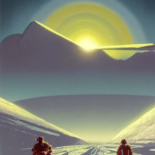 Image similar to Frozen frontiers on an alien planet, floating mountains above clouds in the background, vanishing perspective of a road, ravine, Syd Mead, John Harris, Federico Pelat,