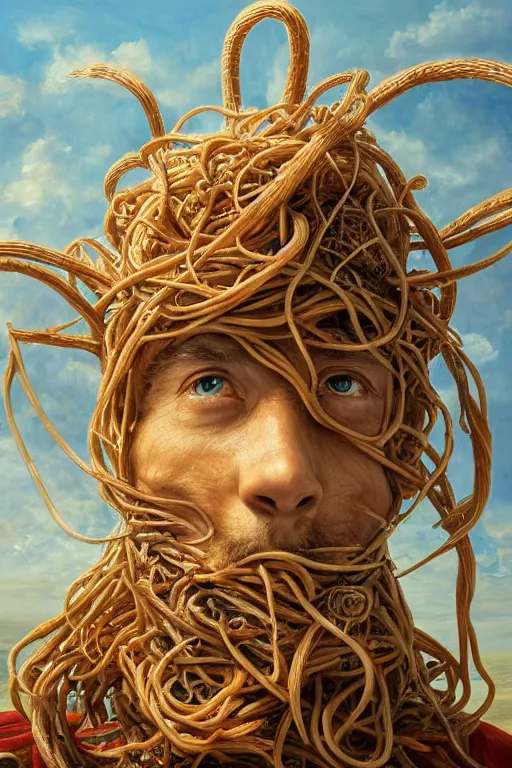 Prompt: The flying spaghetti Monster, oil on canvas, intricate, portrait, 8k highly professionally detailed, HDR, CGsociety