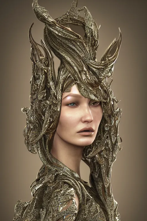 Image similar to a highly detailed portrait of a beautiful alien woman goddess bella hadid in iris van herpen dress in diamonds and fractals in style of alphonse mucha art nuvo gustav klimt trending on artstation made in unreal engine 4