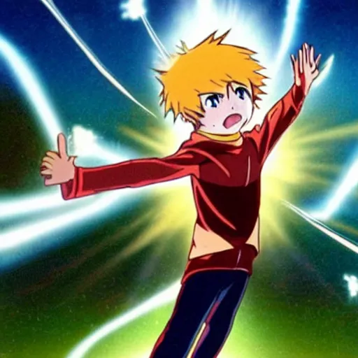 Prompt: a child launching a powerful beam attack, anime