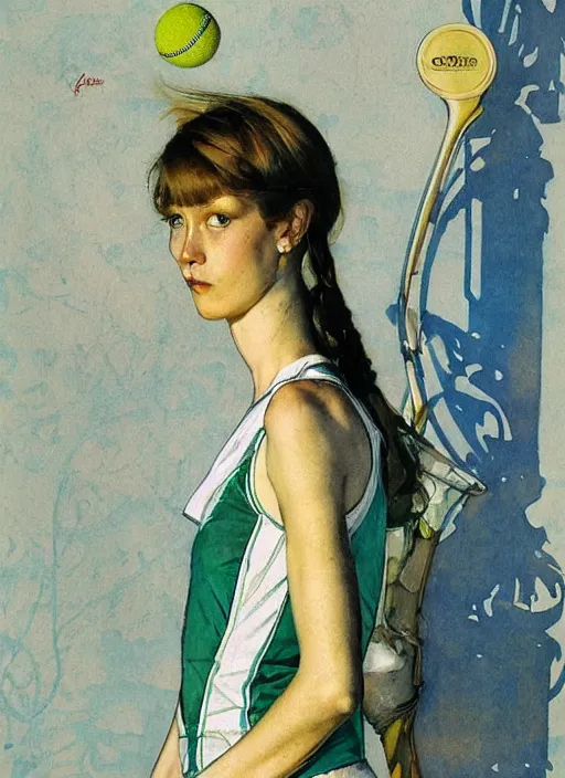 Image similar to a copic maker art nouveau portrait of a russian beautiful skinny girl with sad face wearing a tennis player outfit from lacoste by john berkey norman rockwell