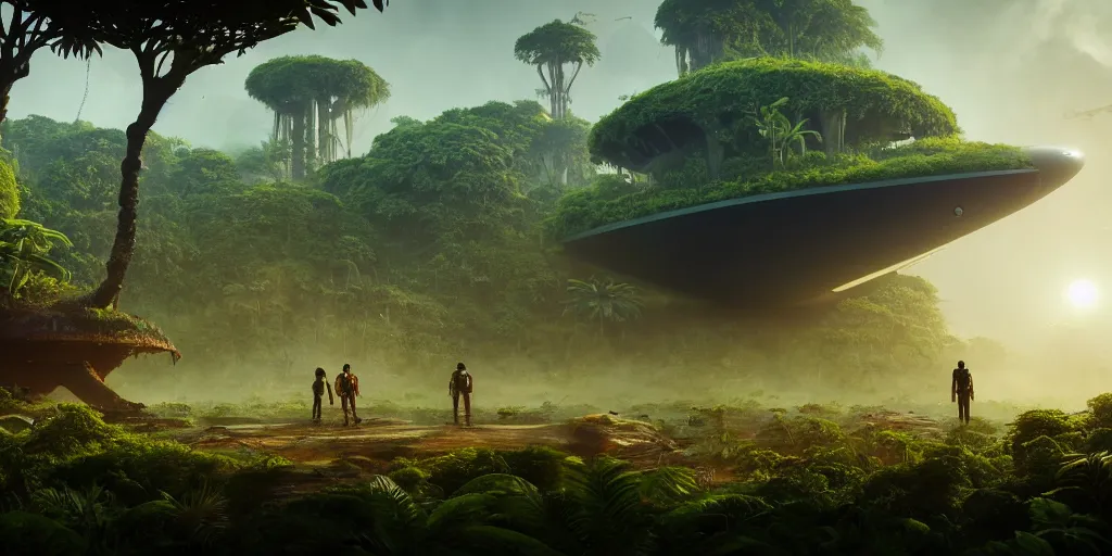 Image similar to a huge futuristic rusty old alien spaceship, next to it a smaller exploration ship on a landing pad, surrounded by a lush alen jungle, in the foreground two explorers are arguing next to tiny animals!!, the animals are walking around, dawn, volumetric light, hyperdetailed, artstation, cgsociety, 8k