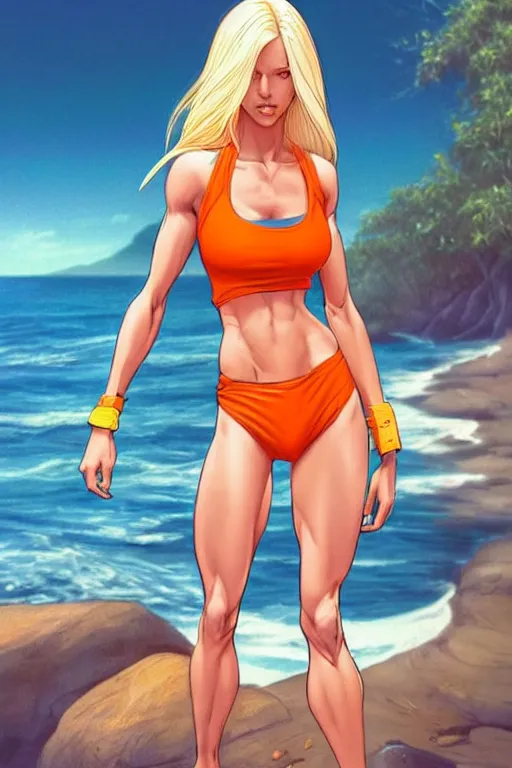 Image similar to a gorgeous muscular woman with very long hip-length blonde hair, wearing a cut-off white top and orange cut-off shorts standing by the water, in the style of artgerm and moebius and annie liebovitz, marvel comics, photorealistic, highly detailed, trending on artstation