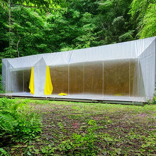 Prompt: exterior shot of a brutalist concrete house with translucent yellow mesh tarps in a dense jungle