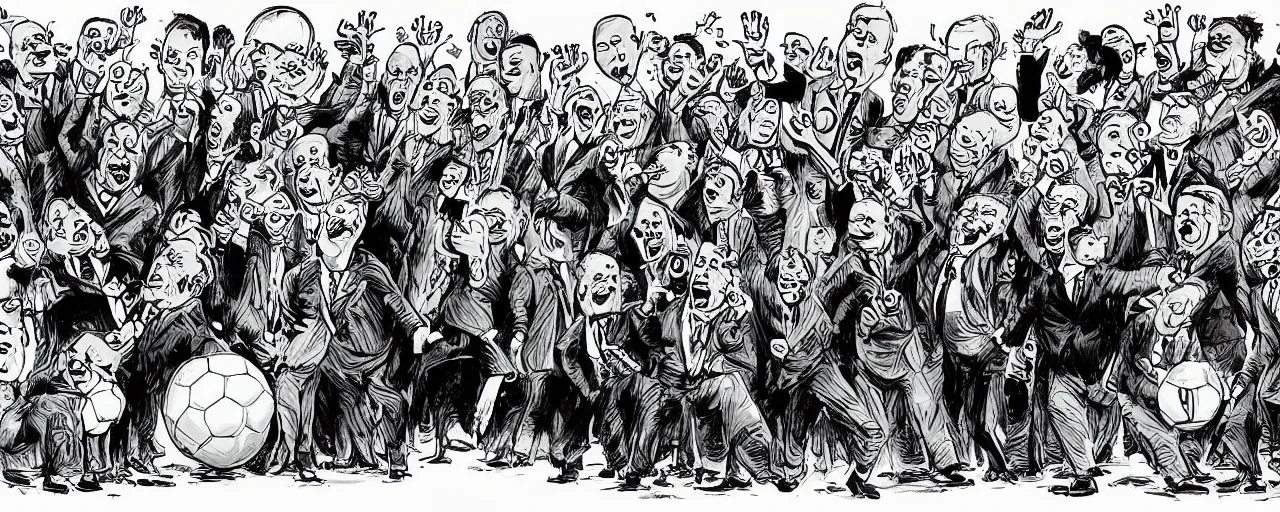 Prompt: a group of politicians awkwardly fumbling a soccer ball with rubber boots on their heads, a black and white political cartoon, ralph steadman