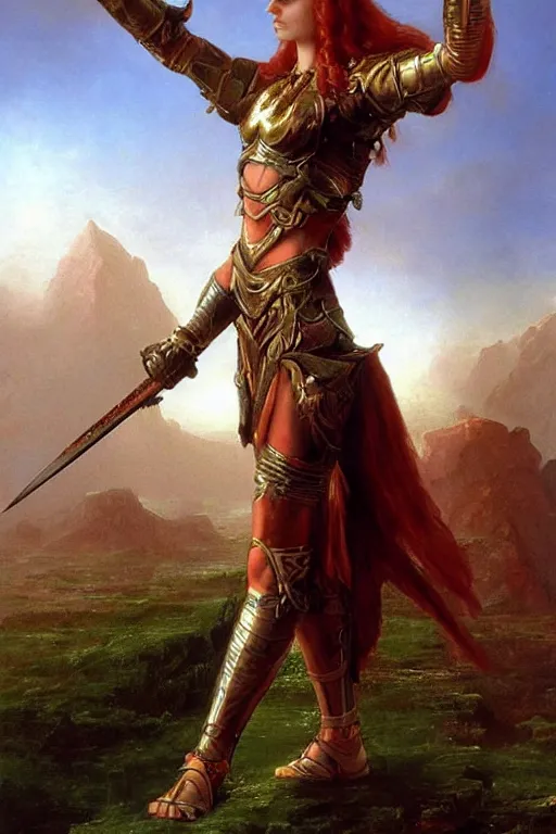 Image similar to beautiful female warrior, half body portrait, ginger hair, ornate armour, hand outstretched and pointing to the distance, realistic oil painting by Thomas Cole and Wayne Barlowe