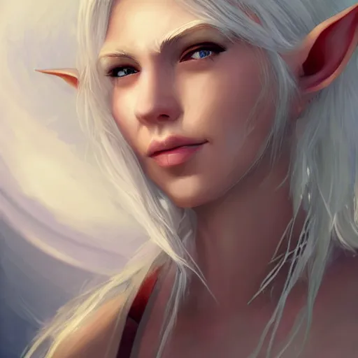 Image similar to portrait of a female half - elf with white skin, white hair, white eyes without pupils, short wavy hair, eyebrow scar, trending on artstation, ethereal, gentle smile, friendly, glowing, angled