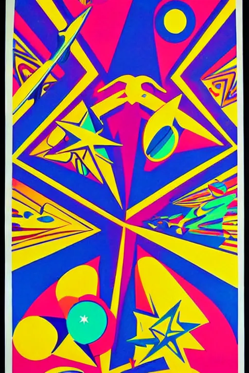 Image similar to original screen print, very detailed symmetric!! 6 0 s artwork by peter max of people flying admist huge crystal shards in space, hd, psychedelic