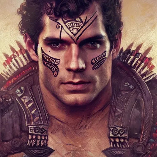 Image similar to Henry Cavill as an Aztec warrior, athletic , face paint, muscular, intricate, highly detailed, digital painting, artstation, concept art, sharp focus, illustration, art by greg rutkowski and alphonse mucha