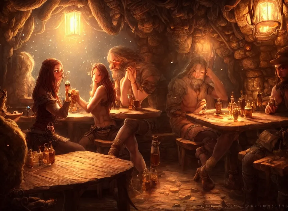 Prompt: a beautiful adventuring drinking couple, dimly-lit cozy tavern, relaxed pose, fantasy art, detailed painterly digital art style drawn by artgerm, beautifully detailed render, post-processing, extremely hyperdetailed, intricate, epic composition, grim yet sparkling atmosphere, cinematic lighting + masterpiece, trending on artstation, very detailed, vibrant colors