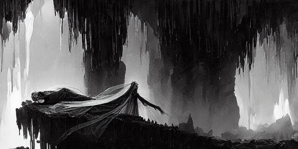 Image similar to a dead girl dressed as a bride lying in a dark cave bridal crown. radiant light, detailed and intricate environment, digital art, trending on art station kvlt by peder balke by peder balke by greg rutkowski, by guido crepax by norman bluhm by greg rutkowski mystic high contrast monochromatic noir