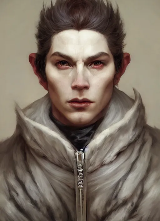 Prompt: white horns king demon half human, elegant,, wearing a bomber jacket, hyper realistic, extremely detailed, dnd character art portrait, fantasy art,, dramatic lighting, vivid colors, artstation, by edgar maxence and caravaggio and michael whelan and delacroix, lois van baarle and bouguereau