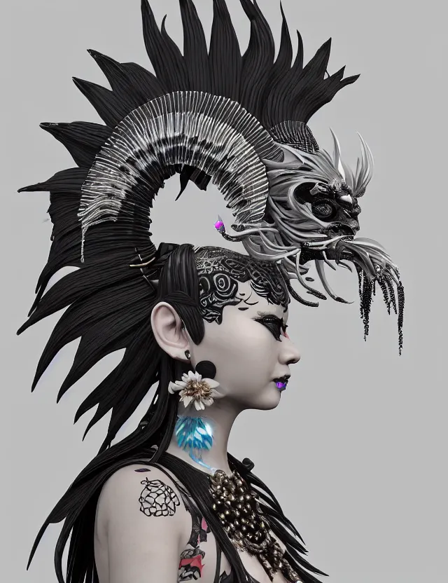 Image similar to 3 d goddess close - up profile portrait punk with mohawk with ram skull. beautiful intricately detailed japanese crow kitsune mask and clasical japanese kimono. betta fish, jellyfish phoenix, bio luminescent, plasma, ice, water, wind, creature, artwork by tooth wu and wlop and beeple and greg rutkowski