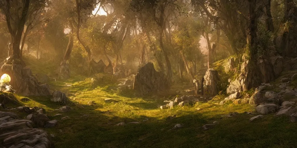 Image similar to VR gameplay screenshot of someone within J.R.R. Tolkien's Middle-Earth. Beautiful. Trending on Artstation. Lighting, colors, and shading by James Gurney.