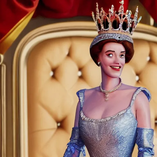 Prompt: lenoardo de caprio playing the role of queen of england in a pixar animated motion picture