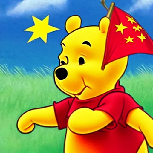 Prompt: winnie the pooh saluting the chinese flag, photorealistic