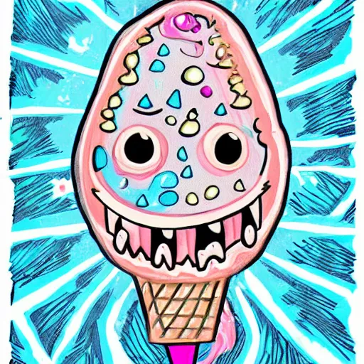 Prompt: crying cute eyes mouth pink ice cream, blue waffle cone, jester themed, intricate concept art, thick line drawing, 1 9 8 3 horror painted book cover art