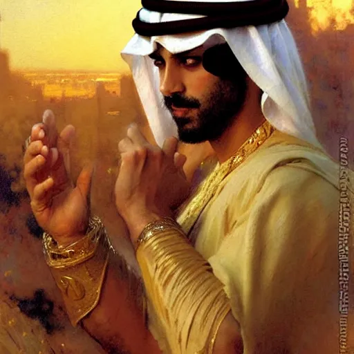 Image similar to attractive arab king confesses his love for his attractive male prince. highly detailed painting by gaston bussiere, craig mullins, j. c. leyendecker