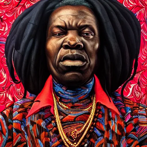 Image similar to a painting of a XXL wise elder from Kenya in a suit by Kehinde Wiley . dramatic angle, ethereal lights, details, smooth, sharp focus, illustration, realistic, cinematic, artstation, award winning, rgb , unreal engine, octane render, cinematic light, macro, depth of field, blur, red light and clouds from the back, highly detailed epic cinematic concept art CG render made in Maya, Blender and Photoshop, octane render, excellent composition, dynamic dramatic cinematic lighting, aesthetic, very inspirational, arthouse.