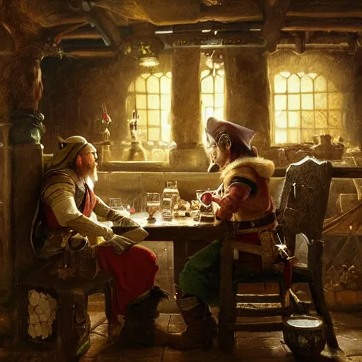 Prompt: An elf ranger and a dwarf berserker having drinks together in a tavern, baroque, oil on canvas, by Greg Rutkowski