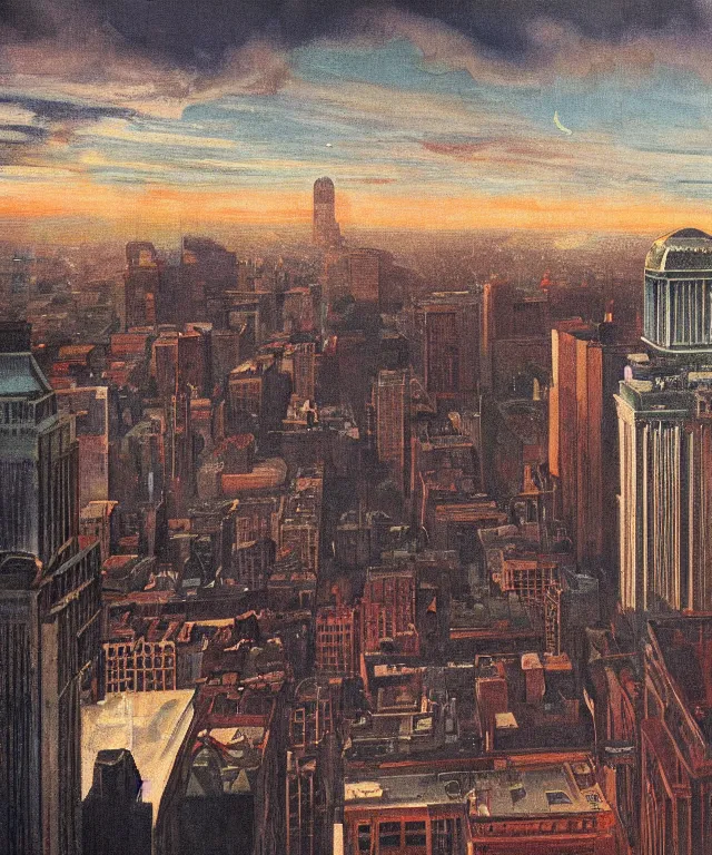 Image similar to horrifying full color photorealistic painting of the view from a 1 9 2 5 hotel terrace balcony overlooking a warped view of downtown 1 9 2 5 boston with a cosmic sky, dark, atmospheric, brooding, smooth, finely detailed, cinematic, epic, in the style of dave dorman