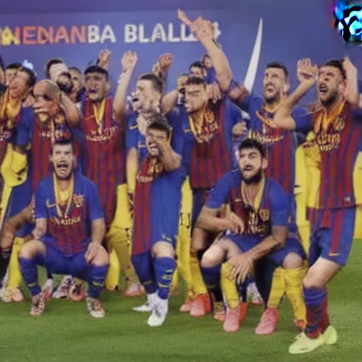 Prompt: fc barcelona team raising a lever as a trophy