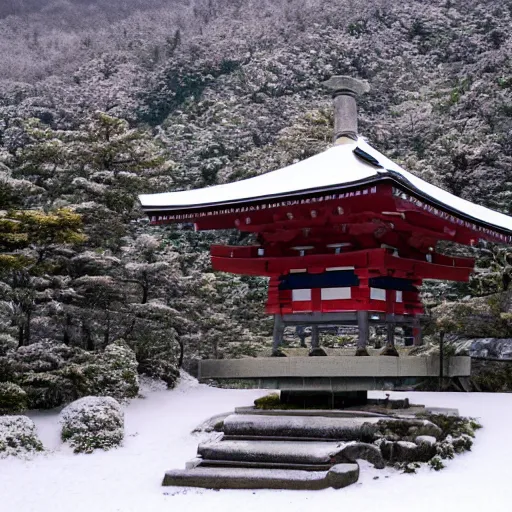 Image similar to a shinto shrine atop a mountain,snowy,beautiful nature,distant shot
