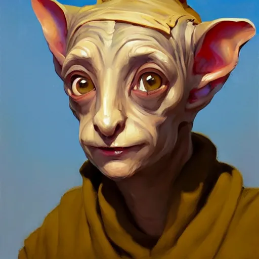 Image similar to greg manchess portrait of dobby the house elf wearing a jester hat, organic painting, sunny day, matte painting, bold shapes, hard edges, street art, trending on artstation, by huang guangjian, gil elvgren, ruan jia, randy vargas, greg rutkowski