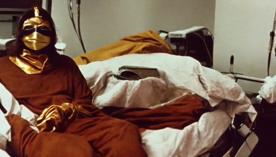 Prompt: 70s movie still of a man wearing gold mask in hospital, eastmancolor, heavy grain, high quality, higly detailed, liminal space