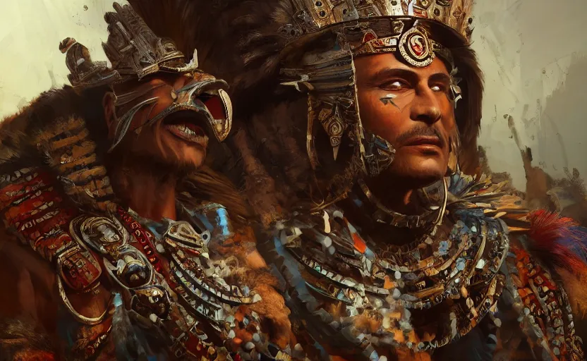 Image similar to aztec king betrayed by his people, game character concept art, close up high detailed, full perfect, detailed faces, symmetrical portrait, high detail, by craig mullins, peter mohrbacher, unreal engine, octane rendered, 8 k, dark beauty, trending on artstation
