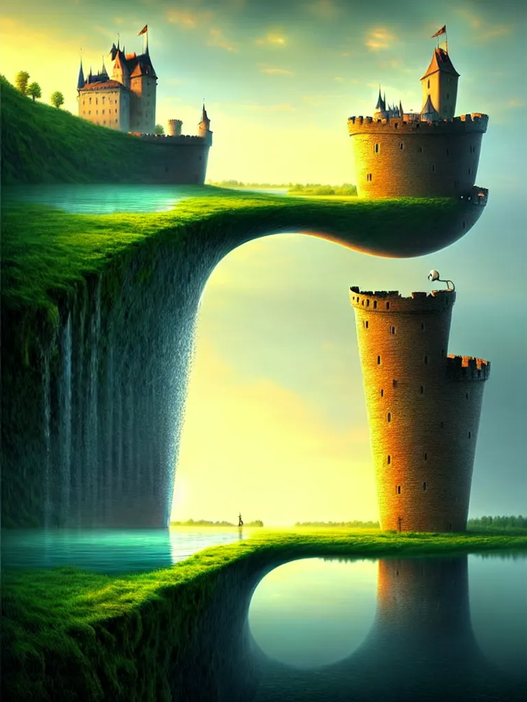 Image similar to gediminas pranckevicius an immense gigantic ornated iron cup with a lake inside, water in excess droping by, boats, castle, sunset, volumetric light, godrays